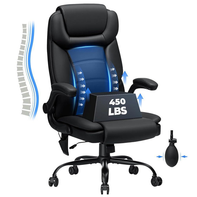 Executive Office Chair Big and Tall 450lbs Heavy Duty Office Chair with Adjustable Lumbar Support High Back Ergonomic Home Computer Leather Chair with Padded Flip-up Arms for Heavy People,Black