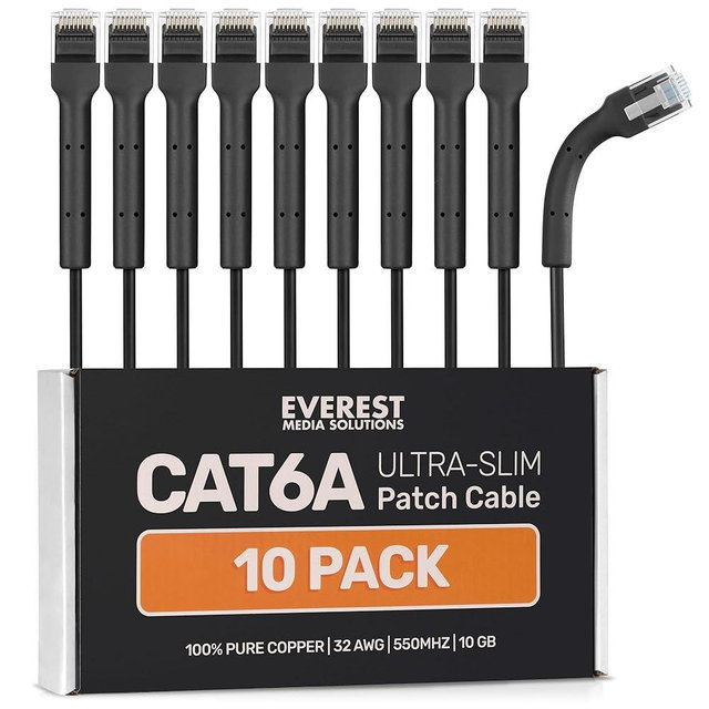 Everest Ultra Slim Cat6a Ethernet Patch Cables 5ft (10-Pack) Black - 10GB Cat 6a Patch Cable - Bendable, Flexible & Thin Ethernet Cable - Space Saving 32AWG 550MHZ Cat6a Cables - 100% Copper Wires