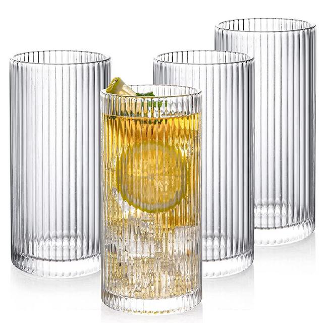 Drinking Glasses with Origami Style Set of 4 Glass Cups, 12 oz Ribbed Glassware, 4 Tall Highball Glass Cups, Elegant Art Deco Ripple Vintage Glassware, Juice Glasses, Ideal for Cocktail, Whiskey, Beer