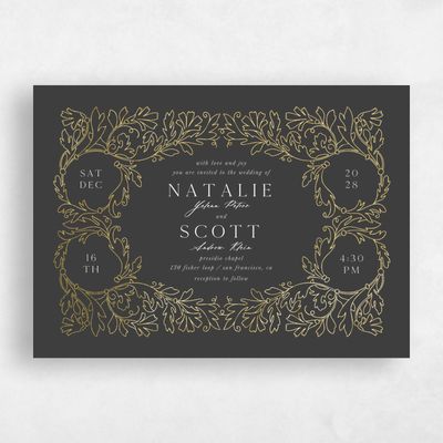 Dark Charcoal, Black Wedding Invitation - Briar Landscape Foil