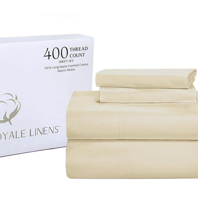 ROYALE LINENS 400 Thread Count 100% American Grown Cotton 4 Piece Sateen Queen Sheet Set - 1 Fitted, 1 Flat Sheet, 2 Pillow case - Sand Bedsheet Set - Cooling Cotton Sheets - (Queen, Moroccan Sand)
