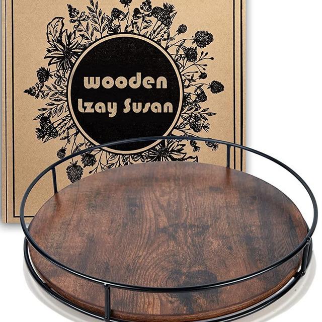 12 Inch Wood Lazy Susan Turntable for Table, Kitchen Rustic Brown Turntable Organizer with Steel Frame, 360 Degree Decorative Turntable for Countertop Cabinet or Centerpieces