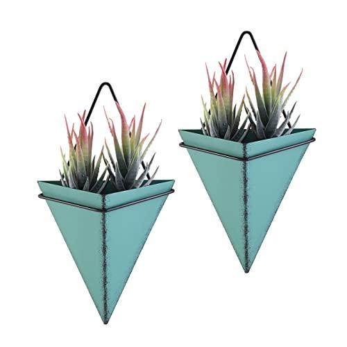 Scwhousi 2 Set Blue Rustic Metal Hanging Planter Wall Decor Indoor Geometric Wall Hanging Succulent Planters Triangle Wall Planter