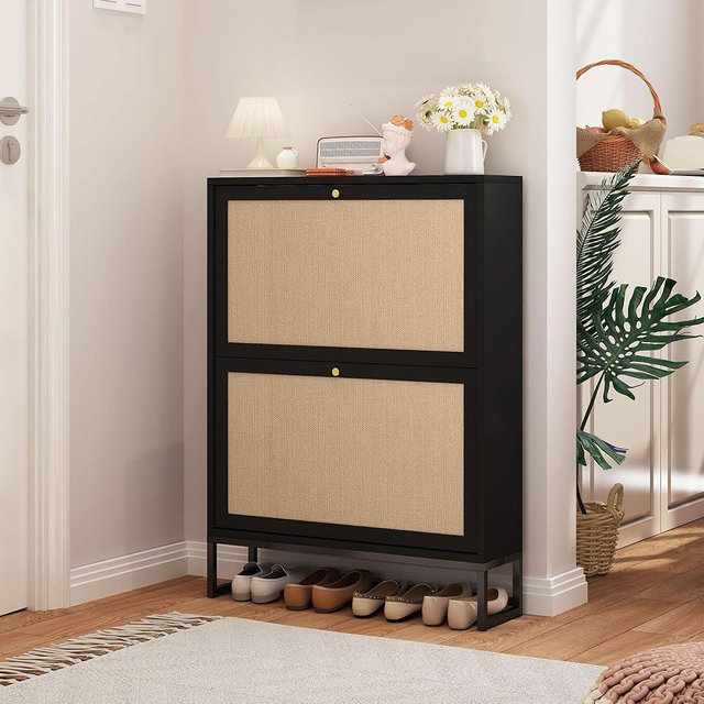 AVZEAR Narrow Shoe Cabinet with 2 Flip Drawer, Freestanding Shoe Organizer Shoe Cabinet Storage for Entryway, Slim Shoe Storage Shoe Rack for Closet with Linen Doors in Hallway, Living Room(Black)