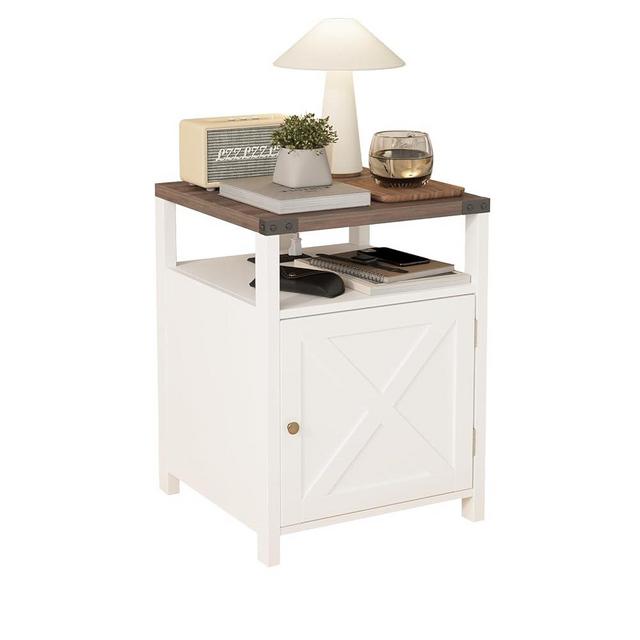 HOSEOKA Farmhouse Nightstand with Charging Station, White End Table Bedroom with Storage Living Room Side Table Night Stand Industrial Bedside Bed Table with USB Ports and Outlets