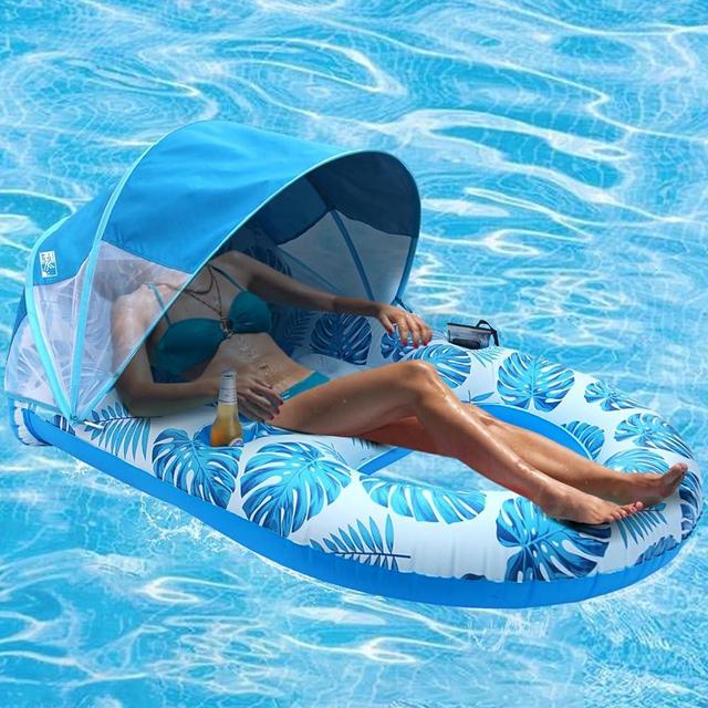 COOLCOOLDEE Pool Lounge Float with Canopy UPF50+,Extra Large Pool Floats for Adults Heavy Duty,Inflatable Lounger Float with Cup Holder & Backrest,Footrest