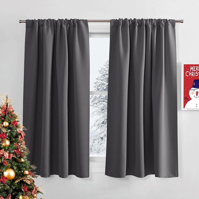 PONY DANCE Grey Blackout Curtains - Rod Pocket Drapes Thermal Insulated Panels Home Decor Window Treatments Draperies for Bedroom, 52 inch Wide by 45 inch Long, Grey, Sold as 1 Pair