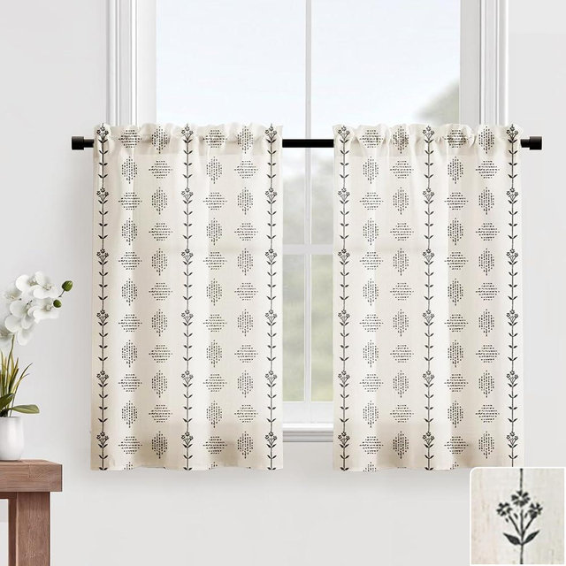 Boho Kitchen Curtains 36 Inch Length,Sheer Linen Modern Farmhouse Style Half Curtains for Windows Bathroom,Black and Cream White,24x36 in Long