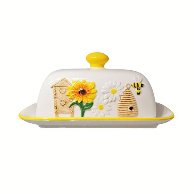 HAN SHENG Ceramic Butter Dish with Lid - Airtight Butter Keeper & Honeycomb Embossed Design - Farmhouse Countertop Storage, Rustic Kitchen Decor, Bee Garden Gift for Butter Lovers