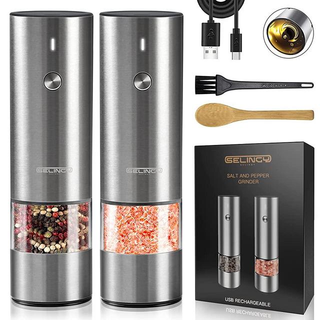 Rechargeable Electric Salt and Pepper Grinder Set - Stainless Steel, with USB Type-C Cable, LED Lights, Automatic Salt and Pepper Grinder Set, 2 Adjustable Coarseness Mills, One Hand Operation
