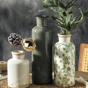 Vintage Vase Set of 3, Ceramic Vintage Flower Vases, Chinoiserie Decorative Home Decor Retro Floral Vase Rustic Farmhouse Decor for Table Bookshelf Mantel Kitchen Living Room Office - Green and Beige
