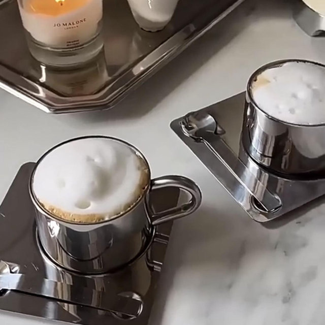 Stainless Steel Coffee Tea Cup With Saucer Spoon Double Wall Hot Cold Drinks Thermal Mugs Latte Cappuccino Milk Cup 175ml / 6.8 Oz