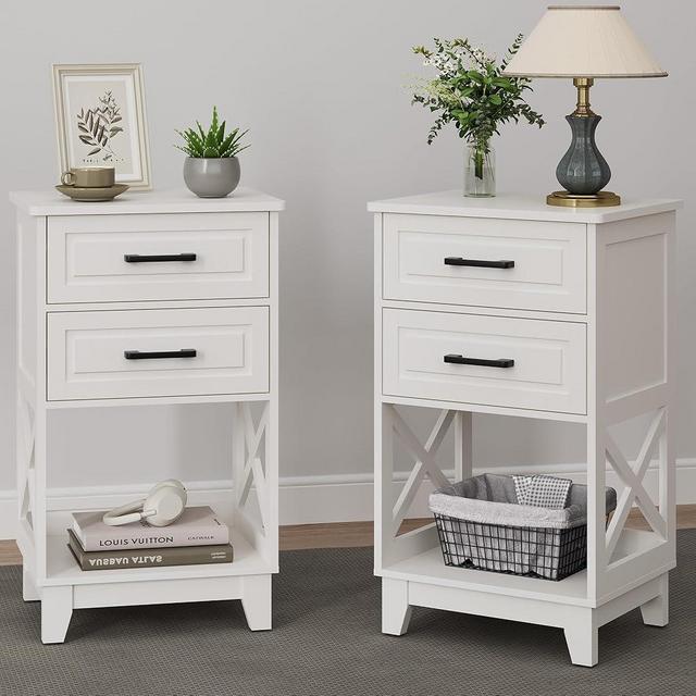 RoyalCraft Tall Nightstand Set of 2, Side Table with 2 Drawers and Open Shelf Below, Bedside Table with Solid Feet, Modern Night Stand End Table for Bedroom, Home Office, White
