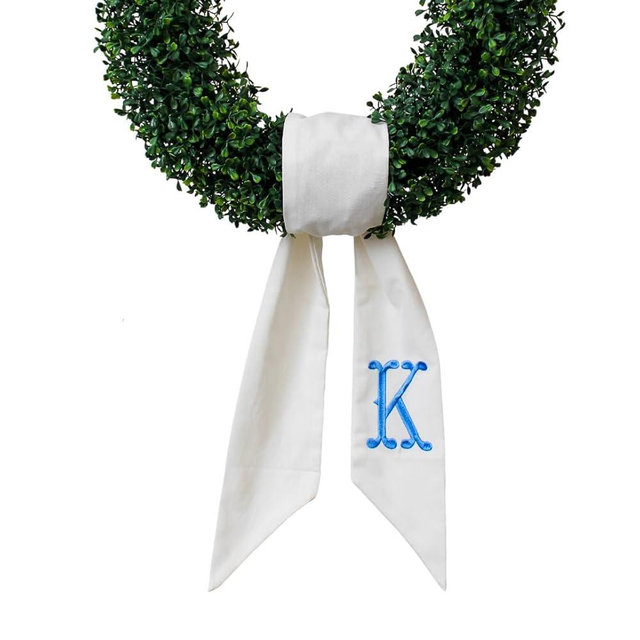 Monogram Wreath Sash for Front Door, White Embroidered Linen Wreath Sash, Porch Accessory for Xmas Party Yard, Wedding, and Boxwood Decoration, Indoor Outdoor Décor - (K)