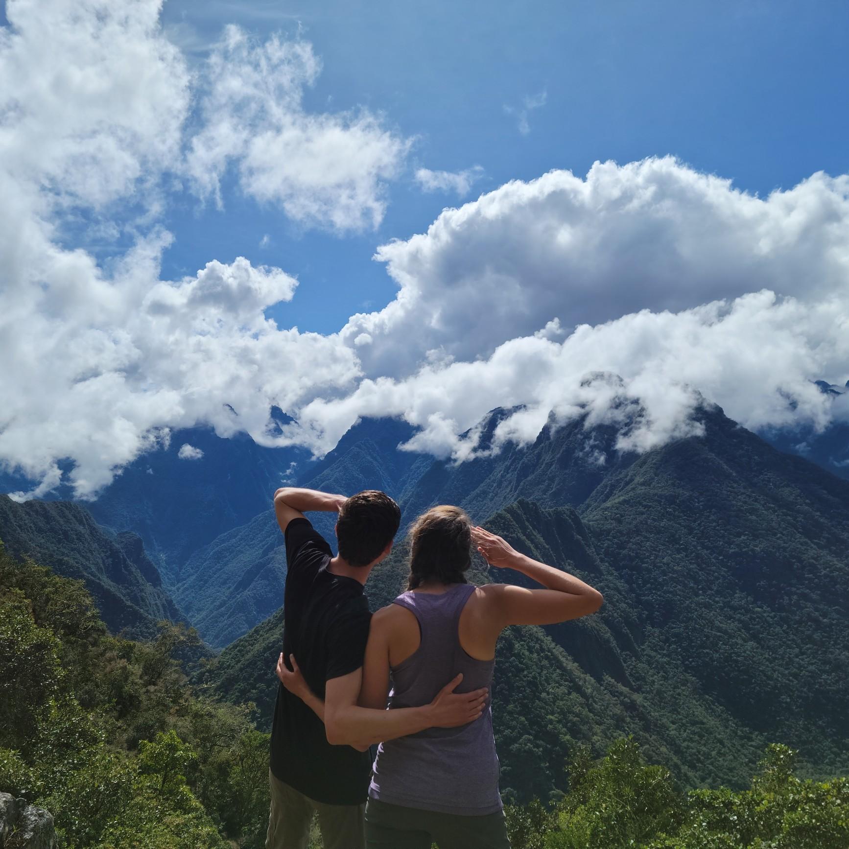 Looking at the beautiful view on the hike to Machu Picchu.