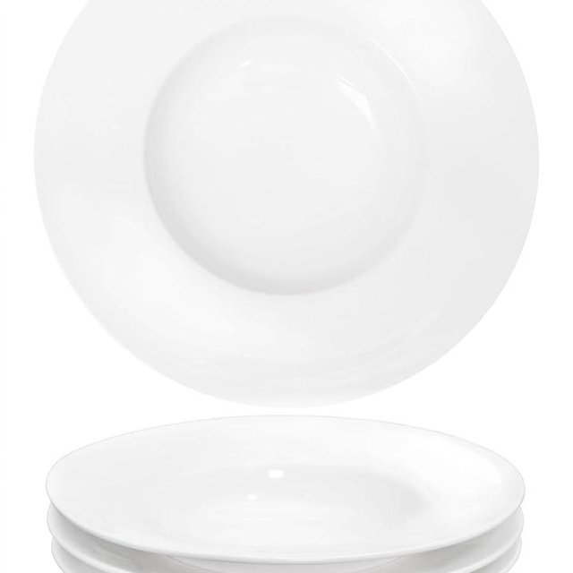 jinsongdafa Pasta Plates with Rim 12 oz, Soup Bowl Pasta Bowl Set of 4, White Shallow Bowl Plate, Ceramic Wide Rimmed Soup Bowl, Best choice for high-end restaurants, hotels, and foodies, 10 Inch