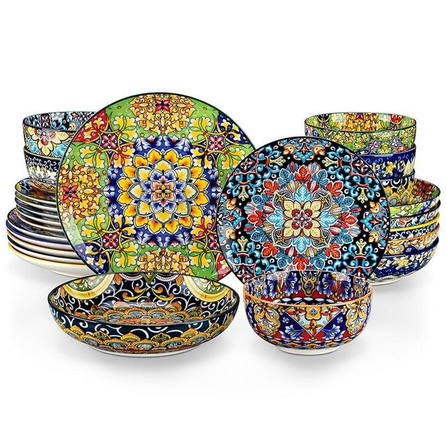 vancasso 24 Pieces Dinnerware Sets, Plates and Bowls Set, Porcelain Dishes Set for 6, Microwave and Dishwasher Safe, Scratch Resistant, Bohemian Style Dining Ware Service for 6, Series SIMI