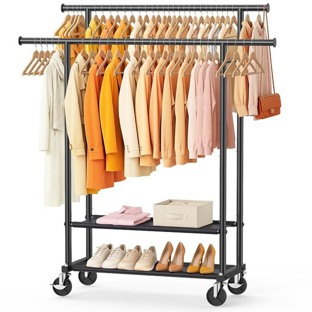 WATIOWL Double Rods Clothes Rack, Rolling Clothing Rack for Hanging Clothes Closet Rack with Wheels, Metal Portable Garment Rack with Double Shelves for Bedroom Laundry Living Room, Black