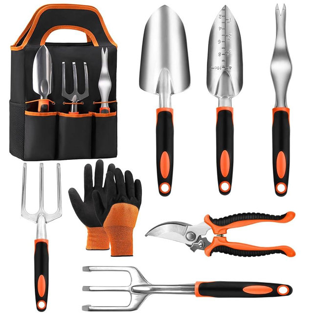 AT1NTEN Garden Tool Set with Non Slip Rubber Grip,8 Piece Stainless Steel Gardening Tool Sets,Heavy Duty Outdoor Hand Tools Durable Storage Tote Bag,Uprooting Weeding Tool, Gifts for Women Men(Orange)