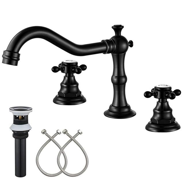Bathroom Sink Widespread Faucet Oil Rubbed Bronze Mixing Tap Deck Mount Double Cross Knobs 3 Hole with Pop Up Drain