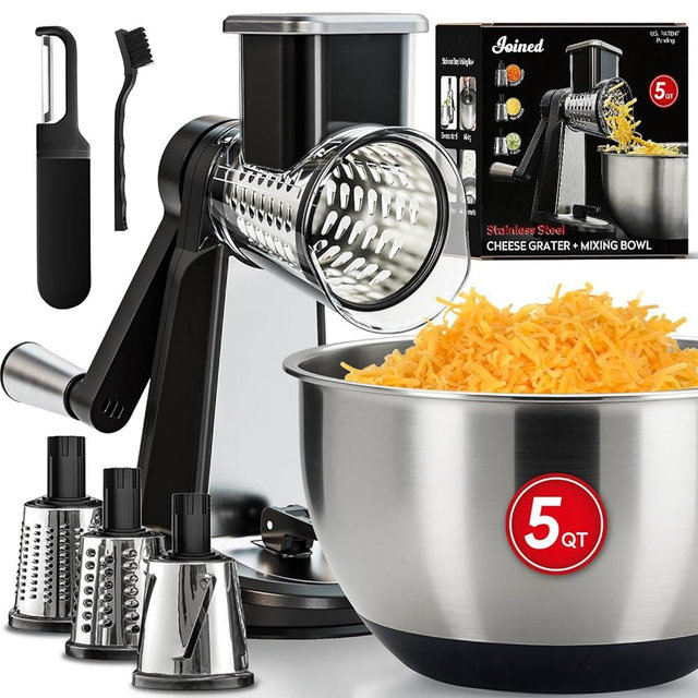Joined Stainless Steel Rotary Cheese Grater with Elevated Stand and 5 Qt Mixing Bowl - Mandoline Slicer with 3 Stainless Steel Drum Blades-Cheese Shredder Round Mandoline & Food Chopper with Peeler