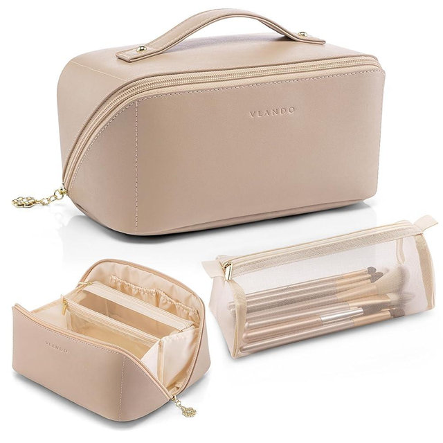 Vlando Makeup Organizer Bag,Travel Makeup Bag for Women Waterproof Portable Cosmetic Bag PU Leather Open Flat Make up Bag for Travel Essentials, Valentines Day Gifts for Women Mom(Toffee)