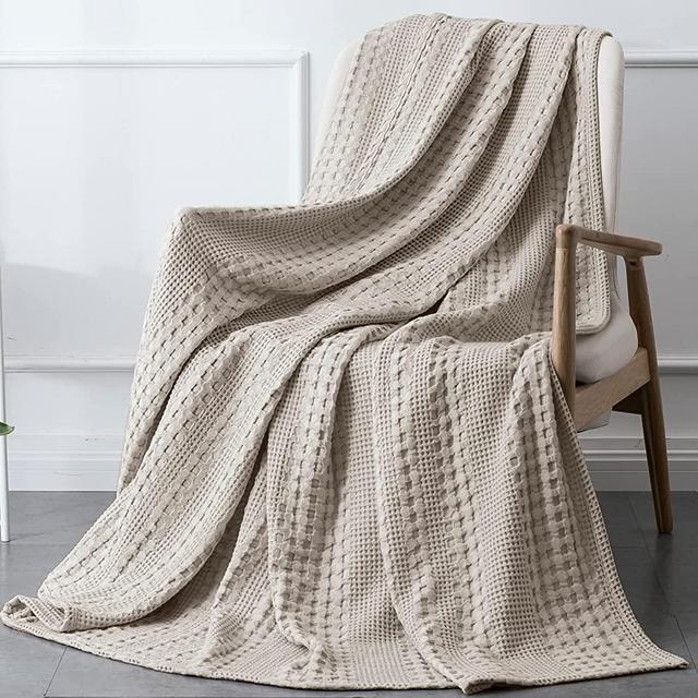 PHF 100% Cotton Waffle Weave Throw Blanket - 410GSM Washed Soft Breathable Skin-Friendly Blanket for All Season - Perfect Warm Textured Blanket for Couch Bed Sofa 50"x60"- Light Khaki/Linen