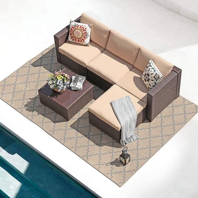 Patiorama 5 Piece Outdoor Patio Furniture Set, Outdoor Sectional Conversation Set, All-Weather Brown PE Wicker w/Beige Cushions, Outdoor Backyard Porch Garden Poolside Balcony Furniture Set