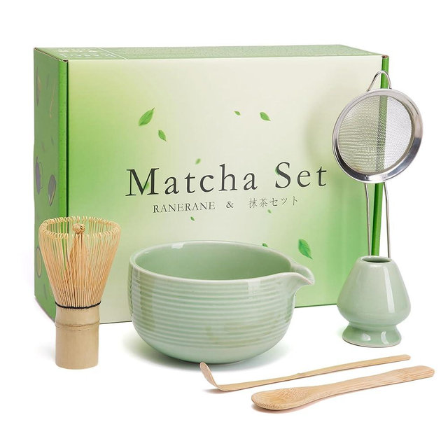 Matcha Whisk and Bowl with Ceramic Matcha Whisk Holder,Matcha Sifter, Matcha Spoon and Scoop Handmade from Natural Bamboo,Matcha Making Kit Cyan