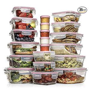 Razab 35 Pc Set Glass Food Storage Containers with Lids - Meal Prep Airtight Bento Boxes BPA-Free 100% Leak Proof (15 lids,15 glass & 5 Plastic Sauce/Dip Containers)