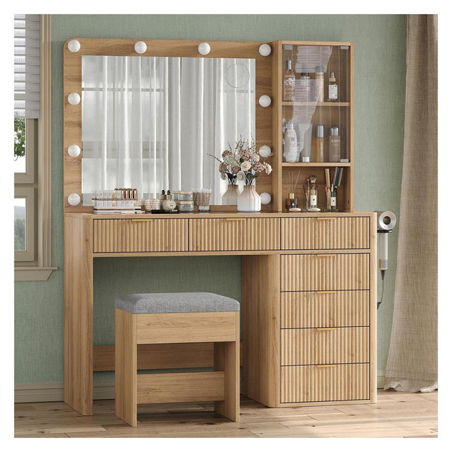 BALHAM TRADE-Fluted Vanity Desk with Mirror LED Lights 7 Drawer Makeup Vanity Glass Top Cabinet Chair 7 Drawers - Natural 15.6"D x 47.2"W x 53.5"H