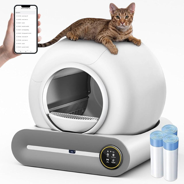 SUW Self Cleaning Litter Box, Automatic Cat Litter Box Self Cleaning for Multiple Cats, 65L+9L Robot, 3 Rolls Grabage Bags, Negative ion Deodorization, APP Control, Toilet Monitoring