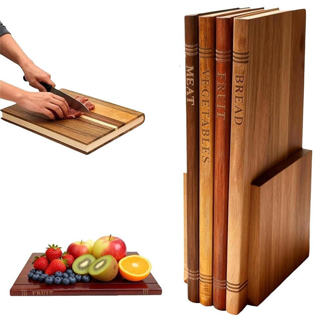 Wooden Book Cutting Board Set with Holder, 4 Piece Easy to Store Acacia Wood Chopping Boards for Kitchen, for Meat Cheese Bread (4-pcs set)
