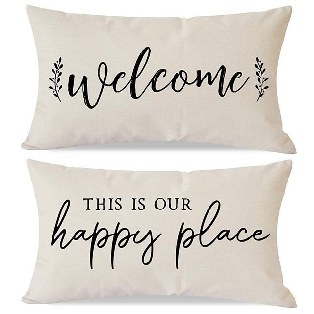 PANDICORN Set of 2 Farmhouse Pillow Covers 12x20 with Words Welcome This is Our Happy Place for Home Décor, Lumbar Throw Pillow Cases for Outdoor Front Door Porch Chair