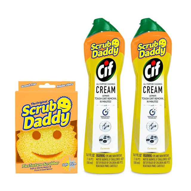 Scrub Daddy + 2x Cif All Purpose Cleaning Cream, Lemon - Multi Surface Household Cleaning Cream Scratch-Free Multipurpose Dish Sponge