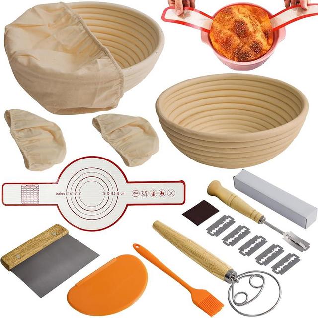 GUXVNE 16PCS Bread Proofing Basket Kit,9 In Round Sourdough Proofing Basket,Proofing Set,Sourdough Bread Baking Supplies with Dough Whisk,Linen Liner,Dough Scraper,Bread Lame,Silicone Bread Sling