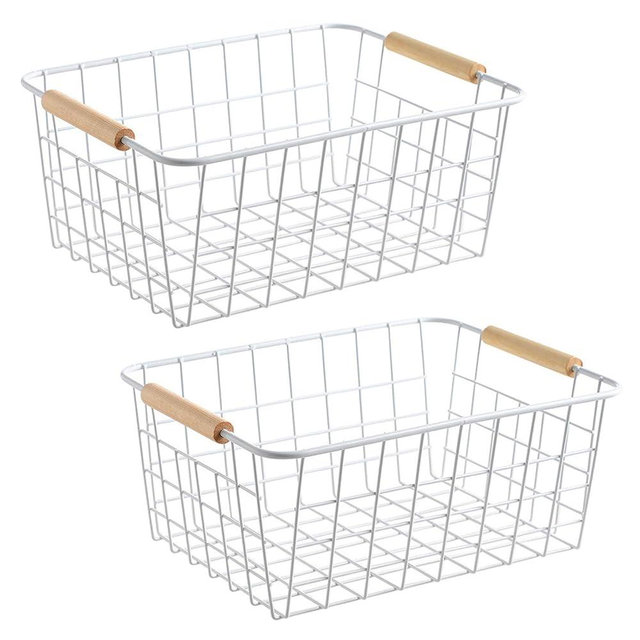 Aeggplant Kitchen Wire Baskets Farmhouse Decor Metal Food Storage Organizer,Household Refrigerator Bin with Built-in Handles for Cabinets, Pantry, Bathroom,2 Packs(white)