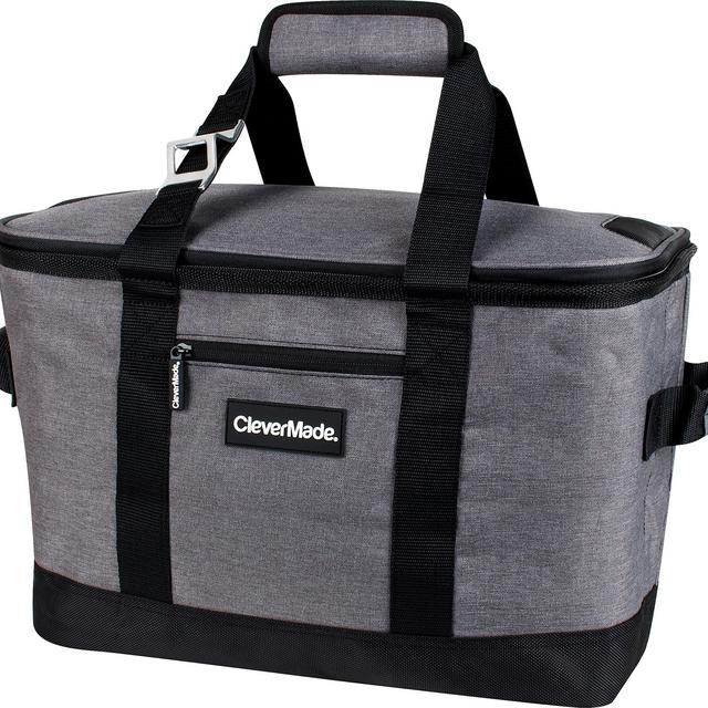 CleverMade Collapsible Cooler Bag: Insulated Leakproof 50 Can Soft Sided Portable Cooler Bag for Lunch, Grocery Shopping, Camping and Road Trips, Heather Grey/Black, 8 gallon/30 Large (7060-H011-00061PK)