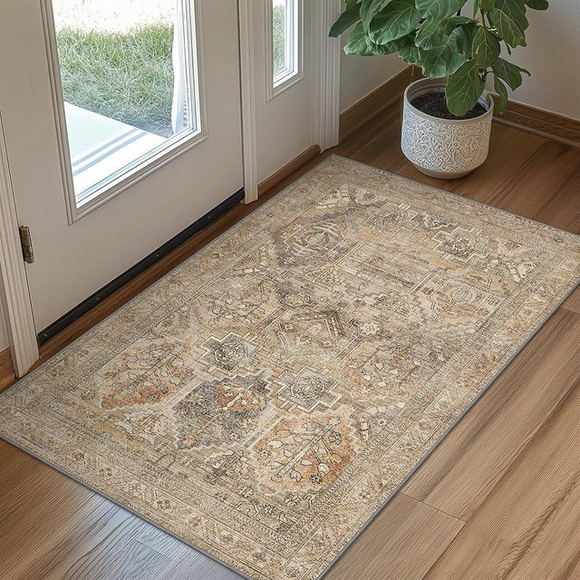Bavni Area Rug 2x3 Machine Washable Vintage Distressed Print Ultra-Thin Chenille Hallway Bedroom Kitchen Entrance Accent Rug, Low Pile Lightweight Non Slip with Gripper, Clay