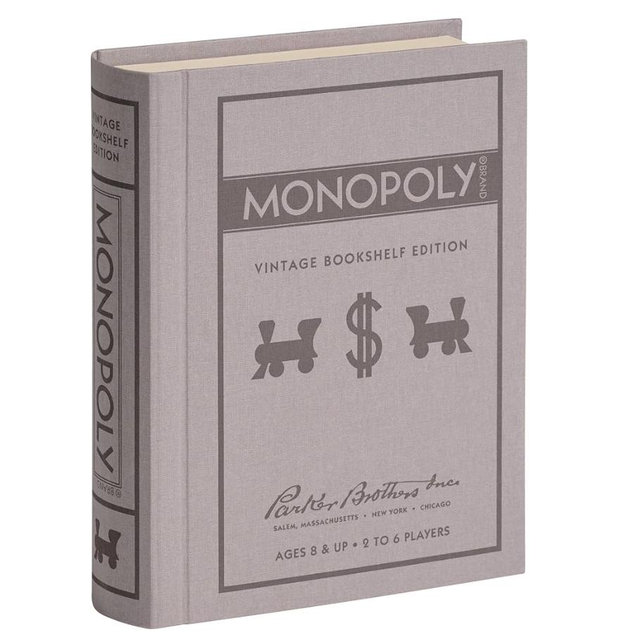 WS Game Company Monopoly Vintage Bookshelf Edition Board Game Premium Fabric-Wrapped Book Storage Box with Retro Graphics, Wooden Houses, Strategy Board Games for Kids, Adults & Family, Ages 8+