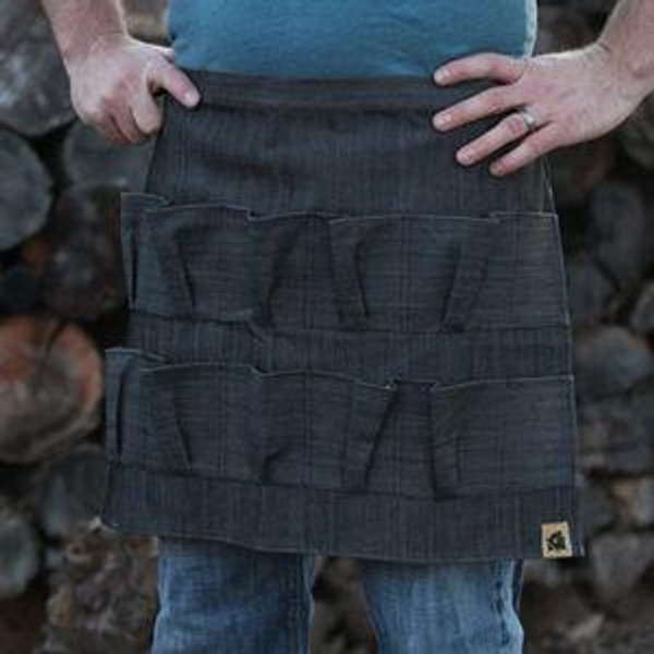 Black Denim Egg Apron with Chicken Print Pockets - 14 Pockets Hand Sewn!