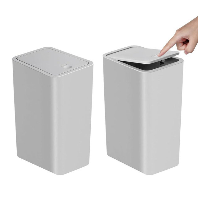 TIPGO Bathroom Trash Can with Lid, 10 Liter/ 2.6 Gallon Slim Garbage Can, Small Trash Bin Waste Basket with Pop-Up Lid for Kitchen, Bedroom, Living Room, Office (2 Pack, Grey)
