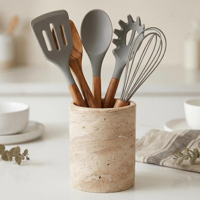 BekPooQ Natural Travertine Utensil Holder for Kitchen Countertop – Heavy & Stable Real Stone Utensil Crock, Large Spoon & Spatula Organizer, Rustic Premium Kitchen Decor, Housewarming Gift, Beige