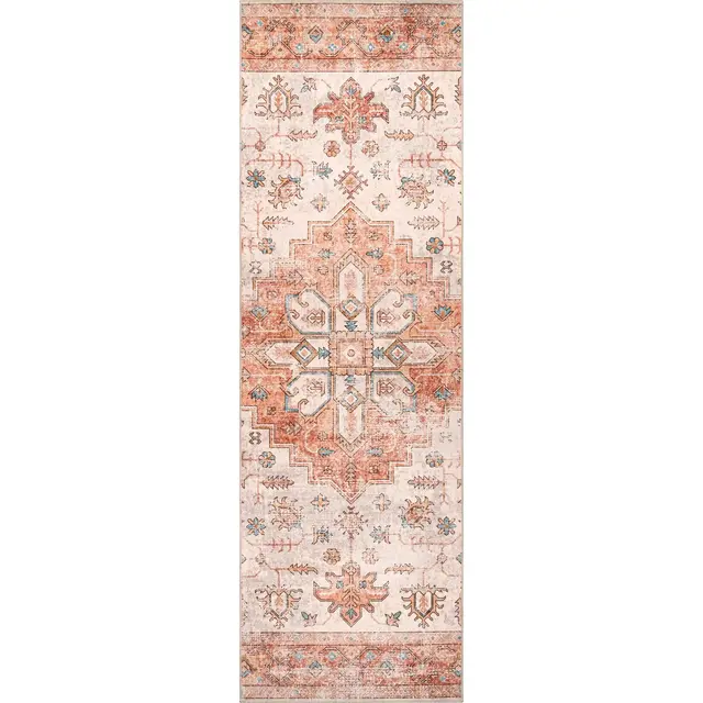 Nuloom Dawson Medallion 2x8 Machine Washable Runner Indoor Area Rug for Living Room Bedroom Dining Room Entryway Hallway Kitchen, Peach/Ivory