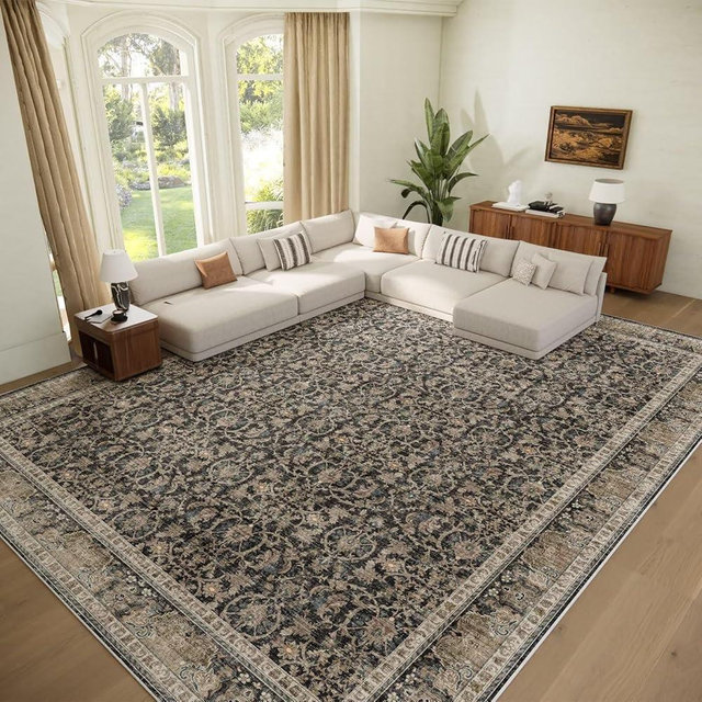 Washable 9x12 Area Rugs for Living Room, Boho Non-Slip Vintage Distress Lager Rugs for Bedroom Dining Room Nursery Office, 0.3" Neutral Oriental Throw Thin Carpet, Black/Brown/Blue/Multi