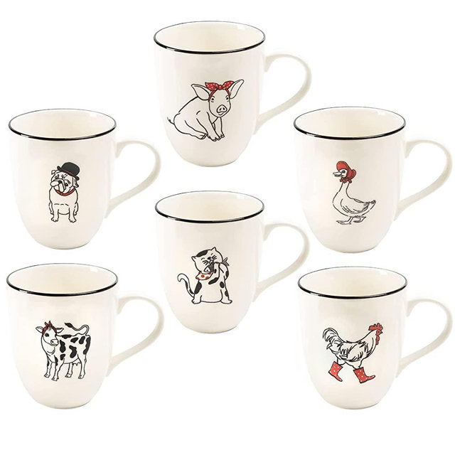 LEHAHA Farmhouse Coffee Mugs Set-16 OZ Animal Large Coffee Mugs Set of 6 with Handle, Porcelain Mugs Cup for Coffee, Tea, Cocoa, Office and Home Use, Practical Gift, Assorted Design