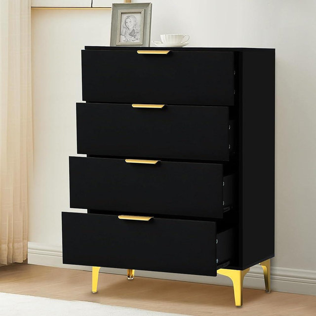 YOCONYO 4 Drawer Dressers for Bedroom, Wood Dresser with Golden Handles, Storage Chest Cabinet Organizer Unit, Chest of Drawers for Living Room, Closet, Hallway (Black)