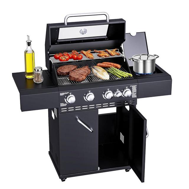 4 Burners Propane Gas Grill with Visual Glass, 50,000 BTU Propane Grill with Side Burner, Double-Layer Lid, Stainless Steel Grate,Outdoor Cook BBQ Grill for Patio, Camping, Backyard