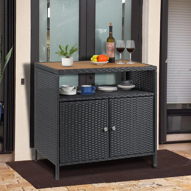 Garvee Patio Outdoor Wicker Storage Cabinet with Shelf, Powder Coated Steel, Patio Bar Table with 2-Door and Shelf, All Weather Resin Wicker, Patio Pool Garden Kitchen, Brown Table