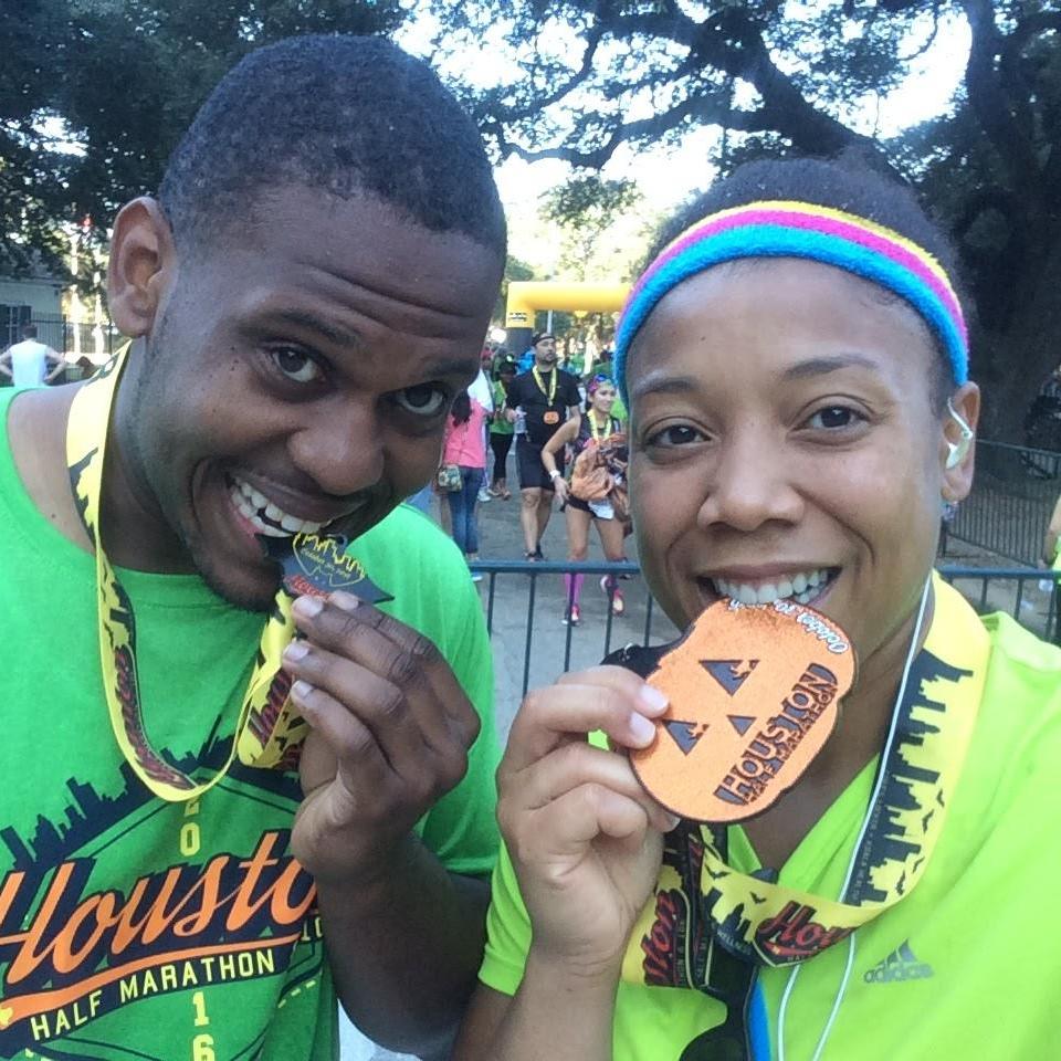 Food would taste better - post-race picture after the 10K (Brett) and 1/2 marathon. (October 2016)